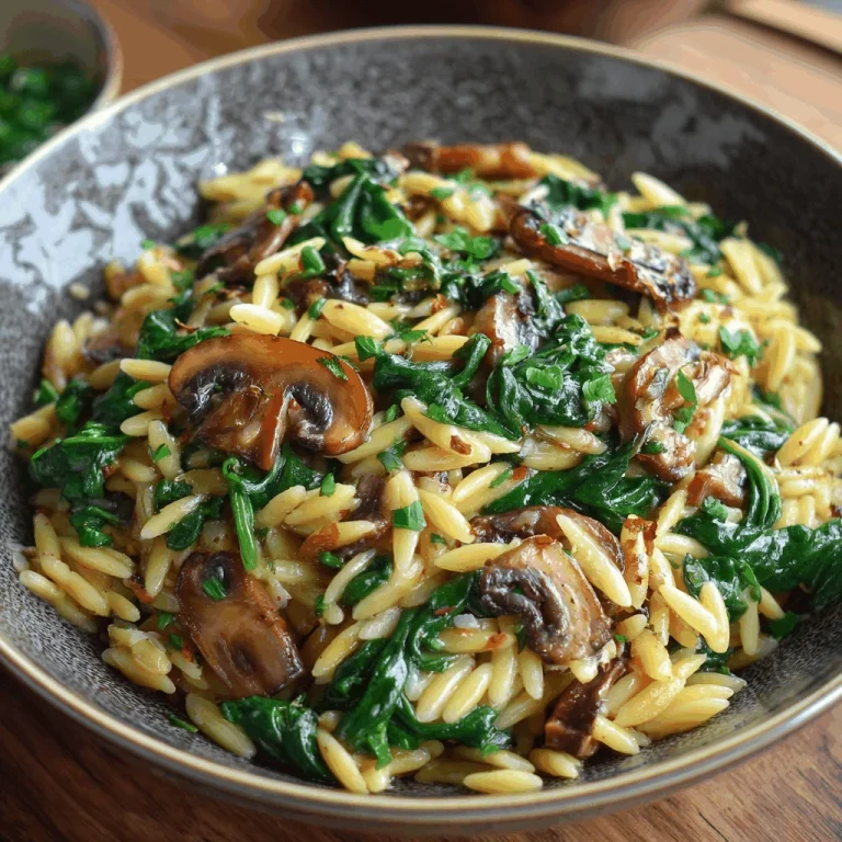 Discover My Favorite Orzo Pasta with Mushrooms and Spinach A delicious plate of Easy Orzo Pasta with Mushrooms and Spinach – Perfect Meatless Dinner