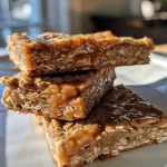 Delicious high-protein oatmeal bars stacked on a plate, showcasing banana and peanut butter.