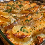 A juicy French potato bake featuring a crispy top layer and visible garlic bits.