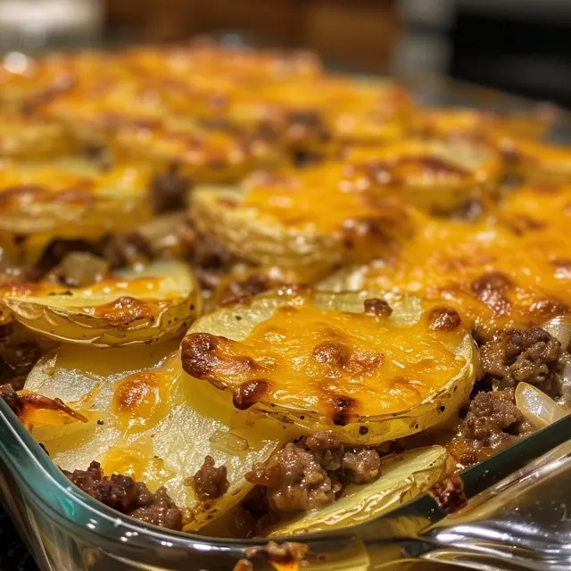 A Family Favorite: The Ultimate Hamburger Potato Casserole Side view of a hearty Hamburger Potato Casserole, featuring thinly sliced potatoes and ground beef.