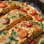 Detailed shot of Creamy Tuscan Salmon featuring sun-dried tomatoes and fresh spinach.