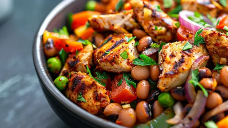 Colorful bowl showcasing black-eyed peas, chicken, and fresh parsley garnishing.