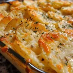 Juicy, layered Potatoes Au Gratin sprinkled with Parmesan and melted cheddar.