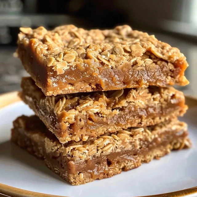 Thick oatmeal bars with visible chunks of banana and a drizzle of peanut butter on top.