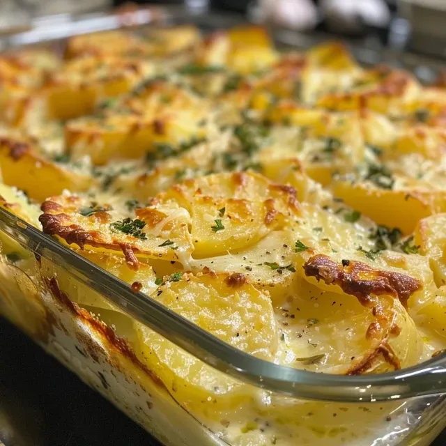 A detailed side view of a creamy potato casserole highlighting its cheesy texture and fresh ingredients.