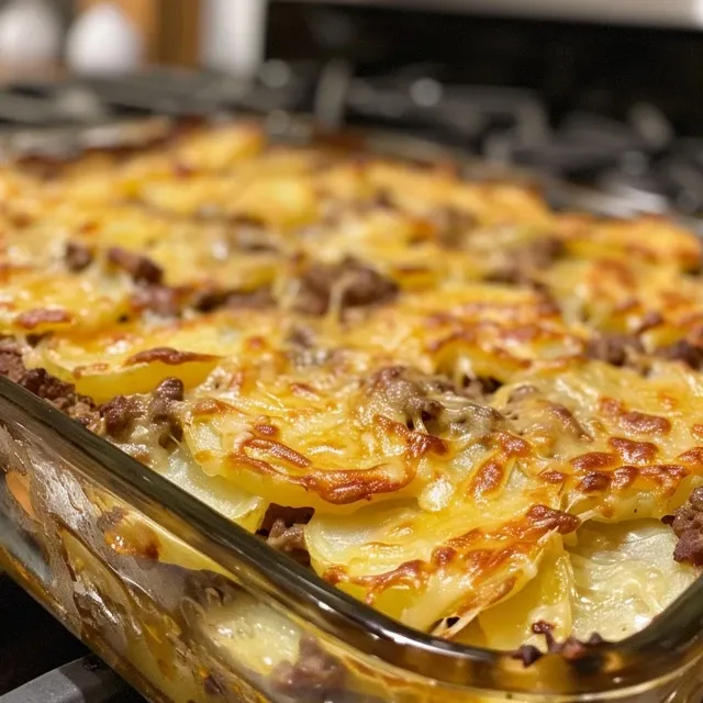 Warm and inviting Hamburger Potato Casserole, highlighting the layers of beef, potatoes, and cheese.