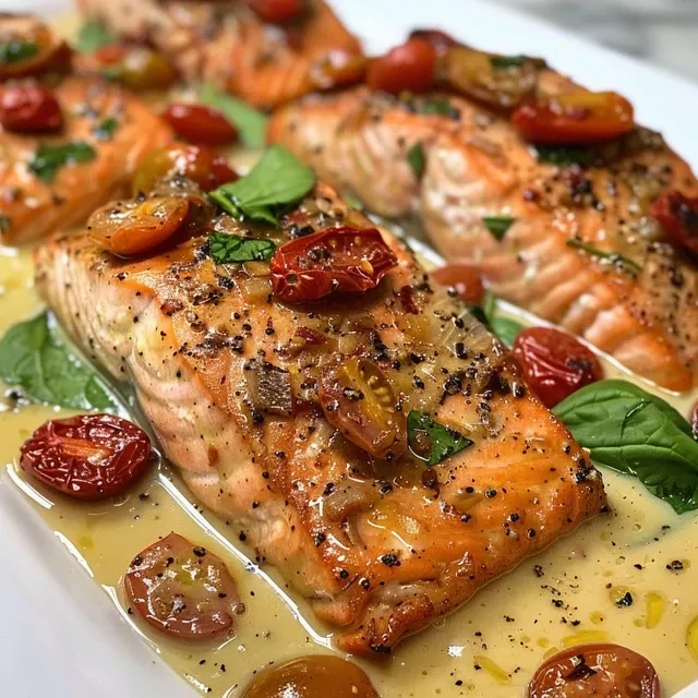 Appetizing close-up of cooked salmon in a creamy, rich sauce with colorful toppings.