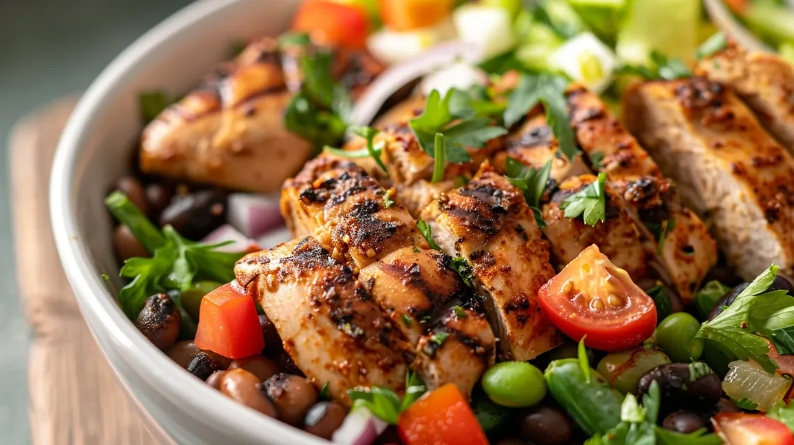 Juicy blackened chicken served with vegetables and beans in a rustic bowl.