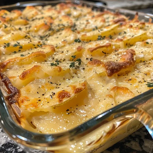 A delicious serving of Potatoes Au Gratin with a crispy, golden crust.
