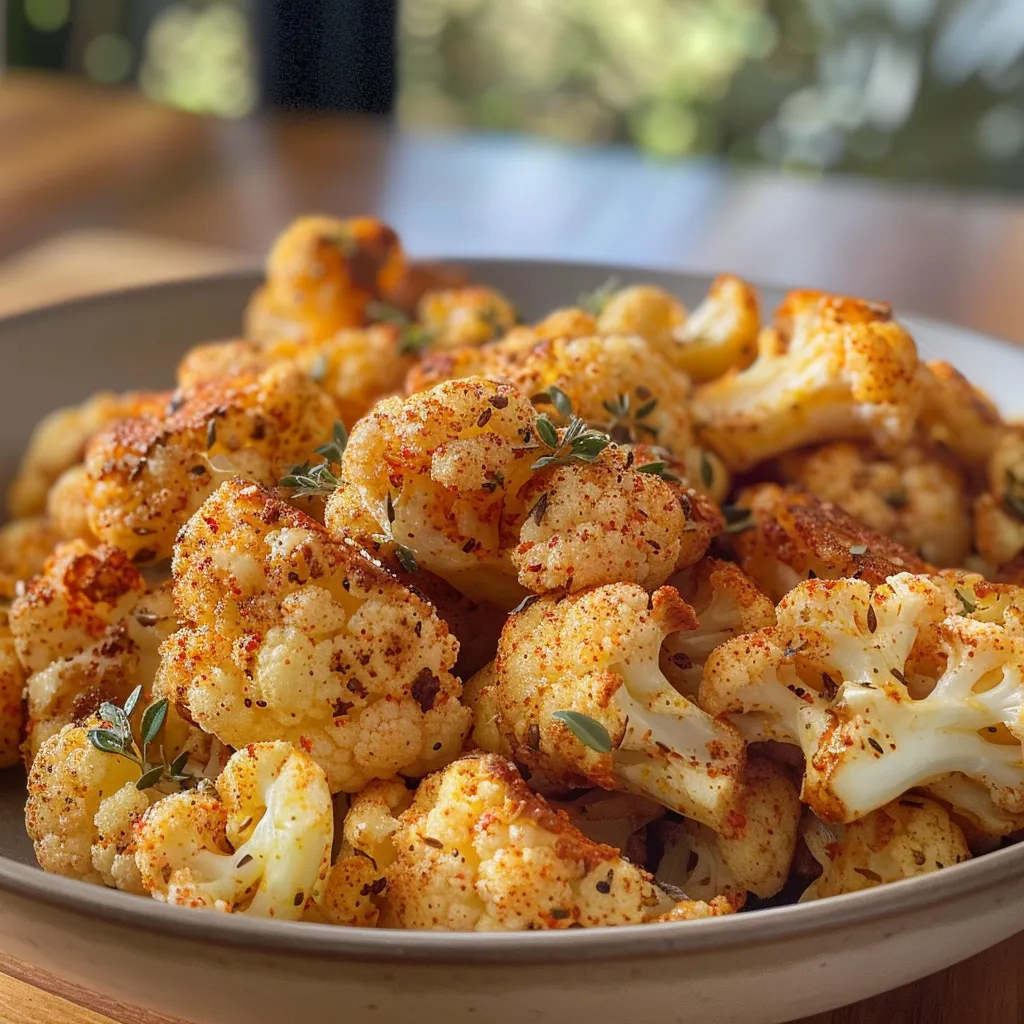A tantalizing side view of spicy cauliflower bites, glistening with olive oil.