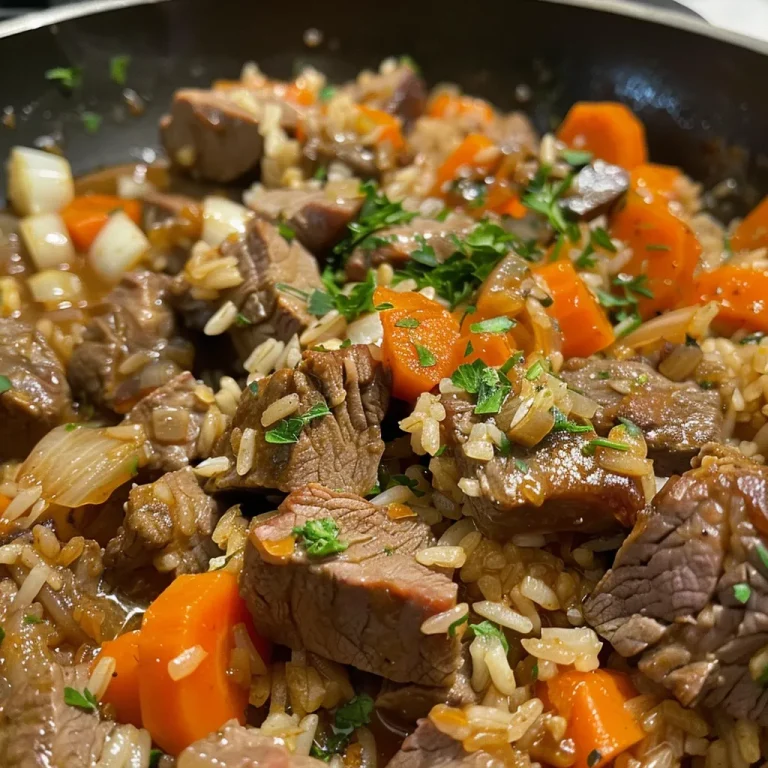 Detailed shot of Beef Plov, featuring diced beef, carrots, and fluffy rice, exuding a mouthwatering aroma.
