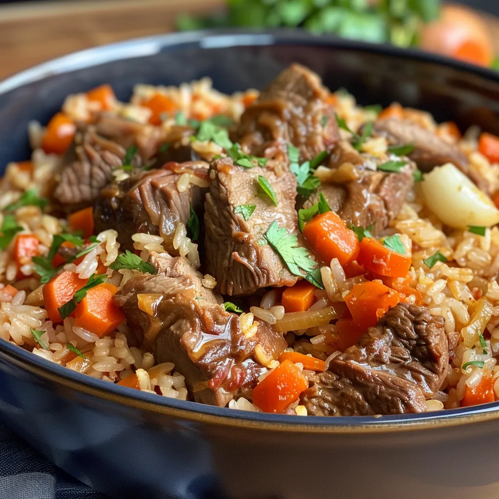 Artistic view of a bowl of Beef Plov, highlighting the contrasting colors of ingredients against a rustic background.
