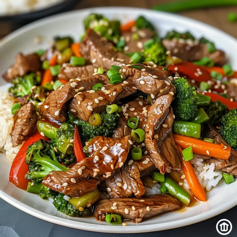 Delicious beef stir fry featuring thinly sliced beef and fresh vegetables garnished with green onions.