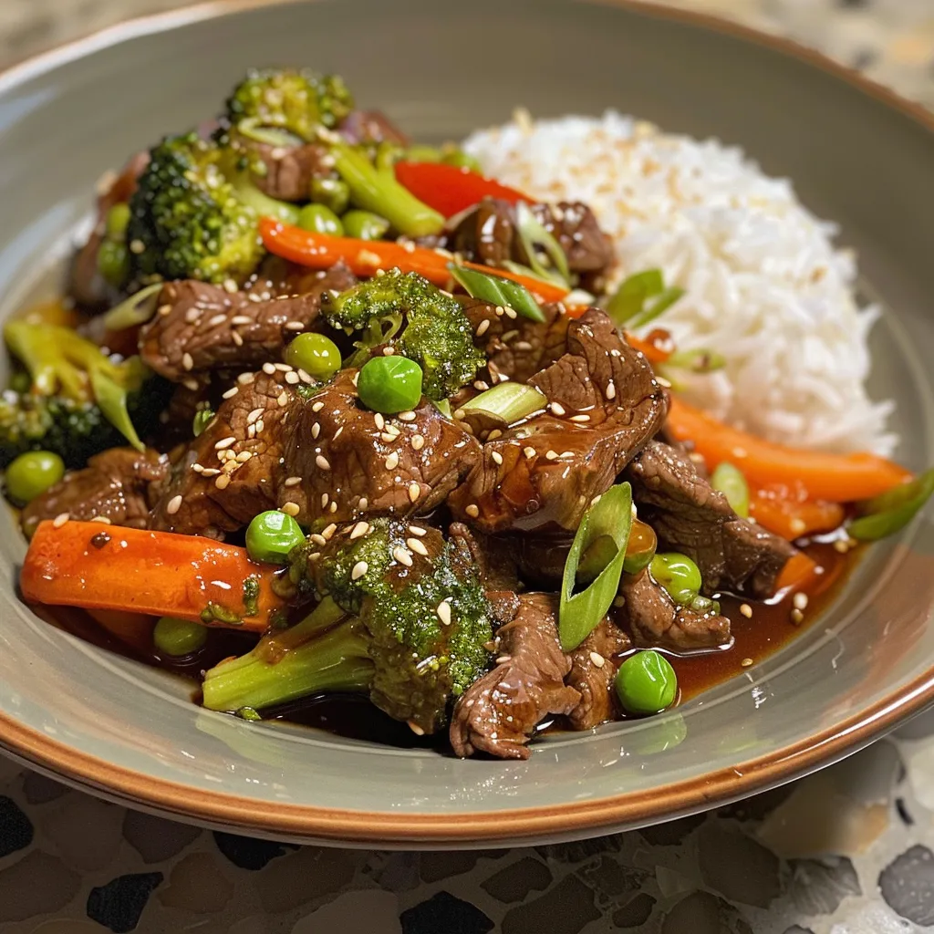 Vivid presentation of beef stir fry with a variety of vegetables, served in a bowl.