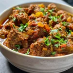 Rich, red Beef Vindaloo served in a bowl, with visible pieces of meat and potatoes.