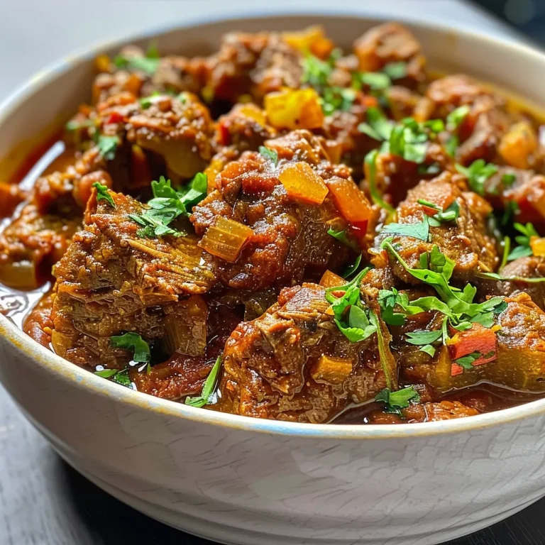 Rich, red Beef Vindaloo served in a bowl, with visible pieces of meat and potatoes.