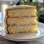 Detailed side view of a vanilla cake, highlighting its fluffy layers and smooth icing.