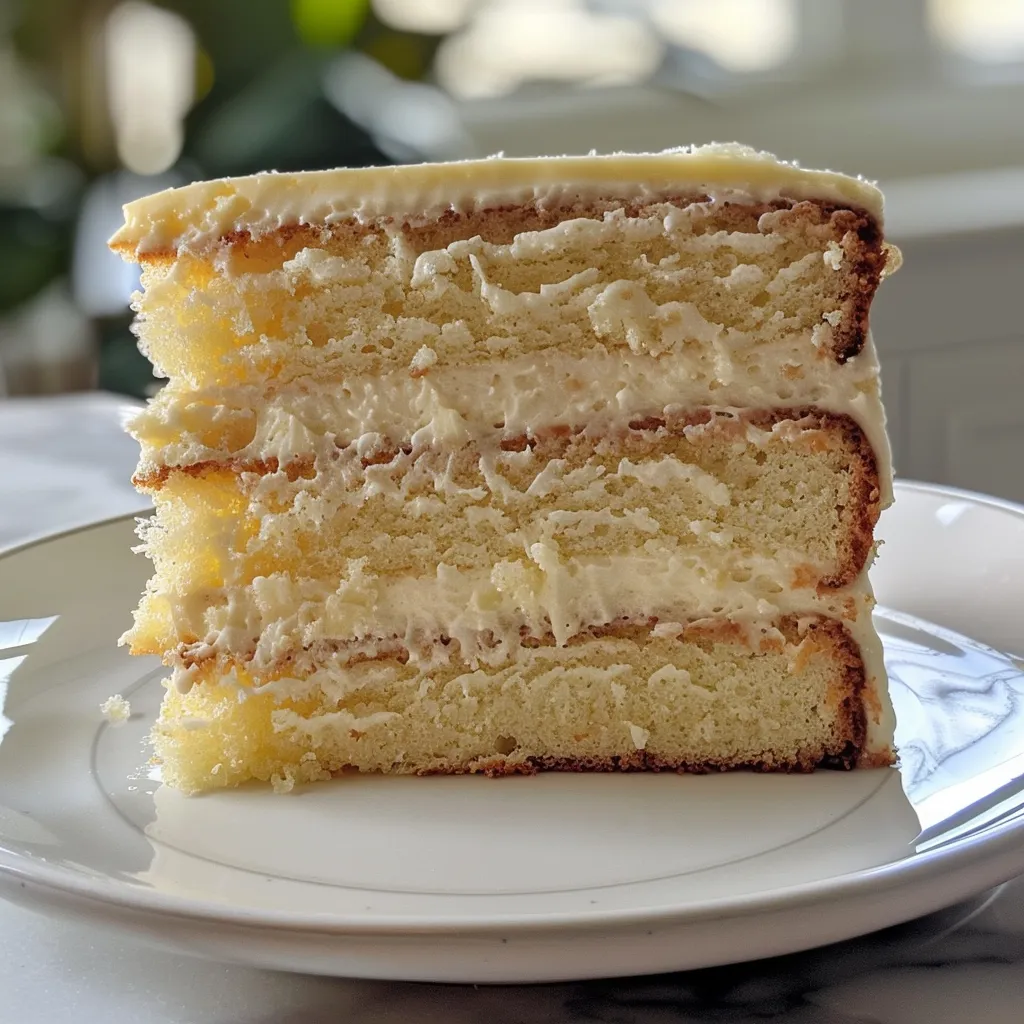 A juicy and delicious vanilla cake viewed from the side, displaying rich layers.