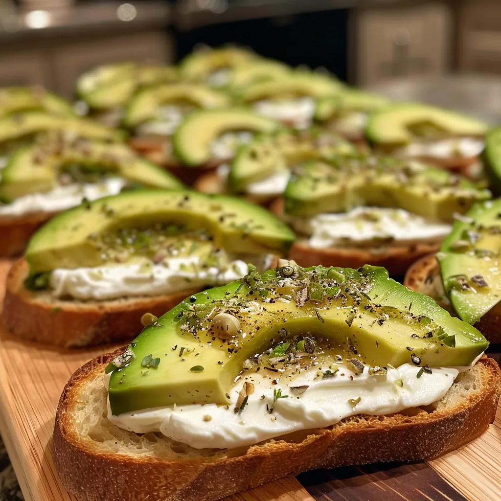 Gourmet canapes showcasing a blend of garlic herb cream cheese and ripe avocado.
