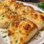 Juicy cheesy garlic bombs, showing a pull of molten cheese from a broken biscuit.