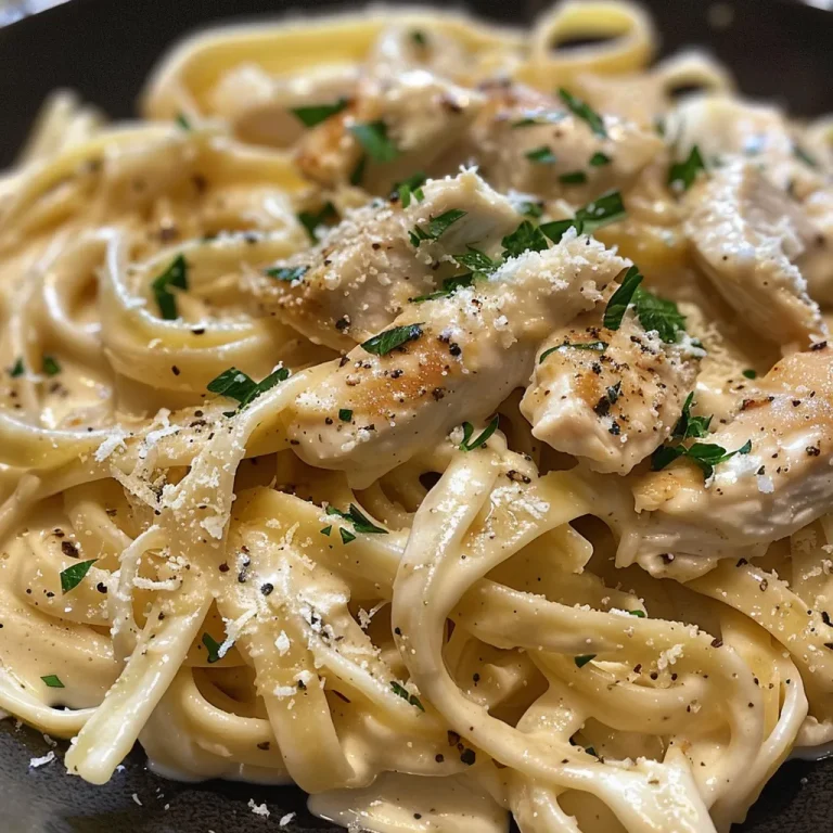 Juicy Chicken Alfredo pasta in a bowl, featuring fettuccine and a sprinkle of parsley.