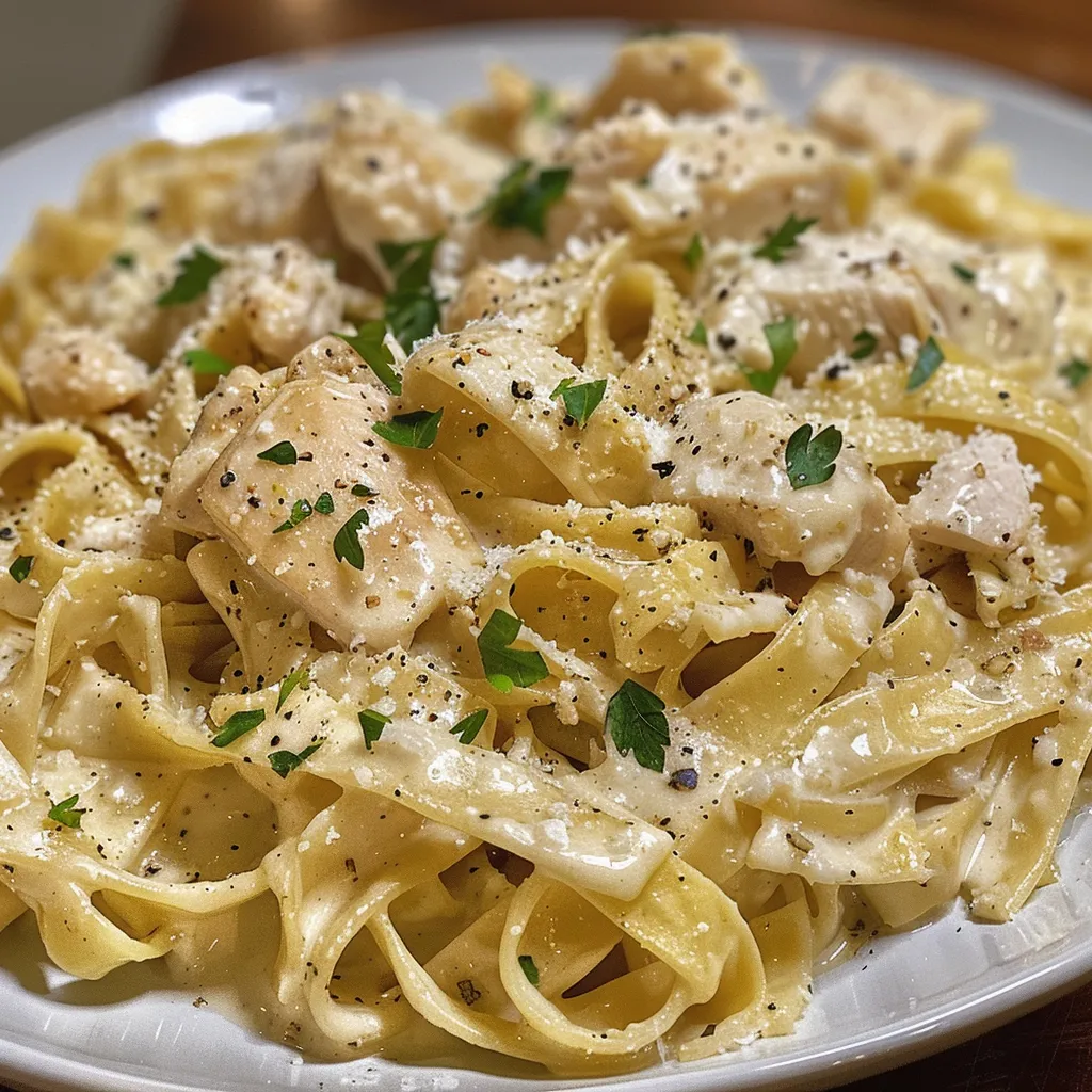 Delicious Chicken Alfredo with garlic, cream, and Parmesan, presented in a close-up shot.
