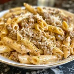 Juicy creamy beef pasta captured in a close-up photo, highlighting the ingredients and creamy sauce.