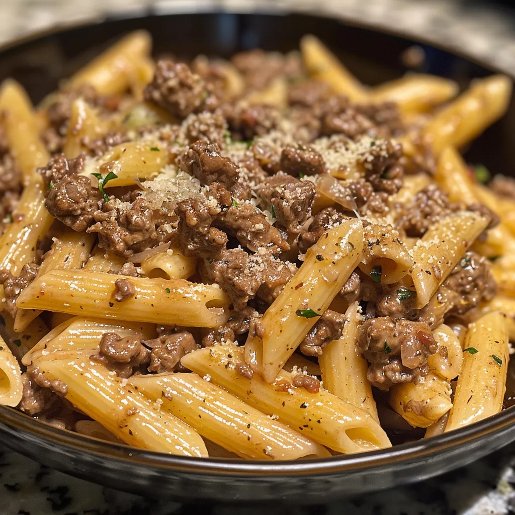 A detailed view of creamy beef pasta with ground beef, garnished with Parmesan cheese.