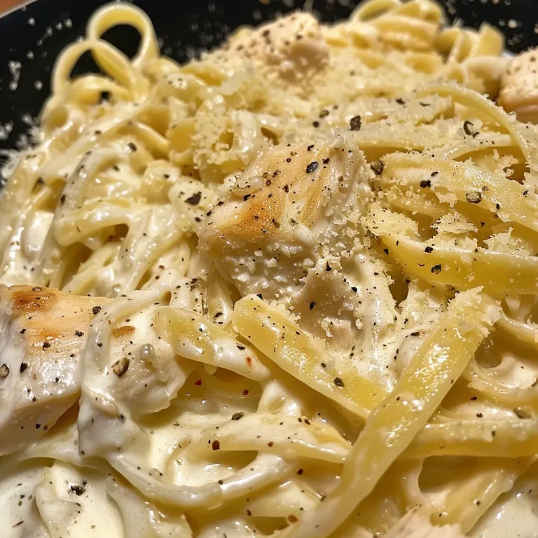 Juicy pieces of chicken in a rich Alfredo sauce with fettuccine.