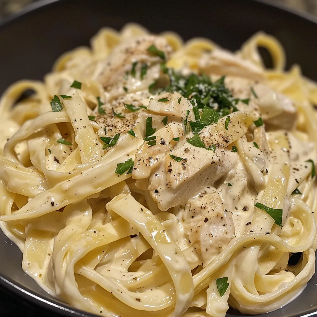 A comforting bowl of creamy chicken Alfredo with grated Parmesan on top.
