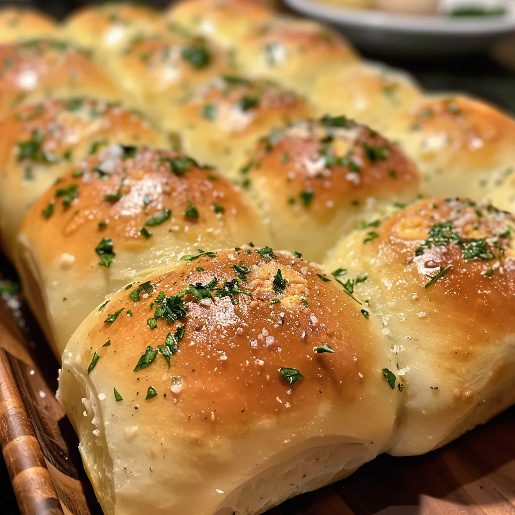 Soft, warm garlic bread rolls arranged on a wooden board.