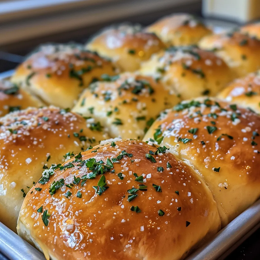 Freshly baked garlic butter dinner rolls with chopped parsley on top.