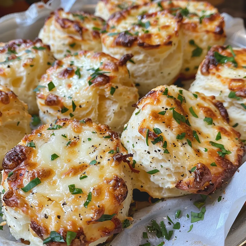 A platter of garlic herb cheese bread bites with marinara sauce on the side.