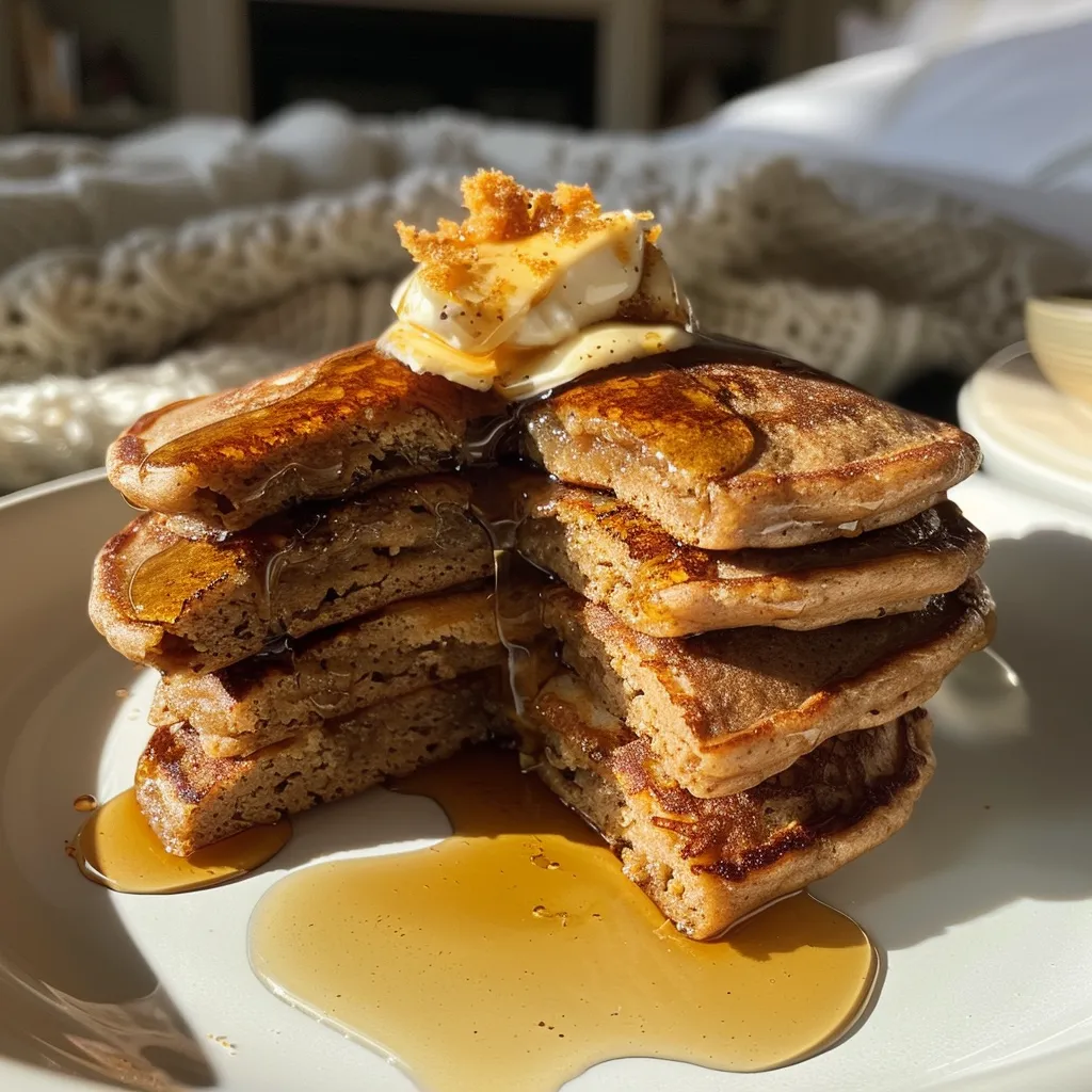 Golden-brown gingerbread pancakes with a sprinkle of spices and a dollop of yogurt, ready to eat.