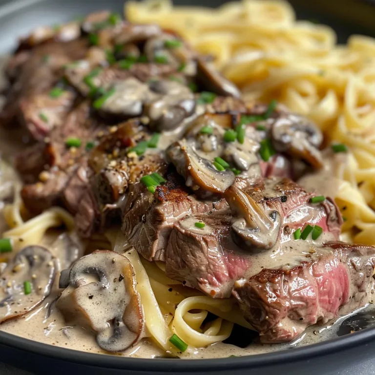 Juicy beef stroganoff presented on a plate with noodles and garnished with chives.