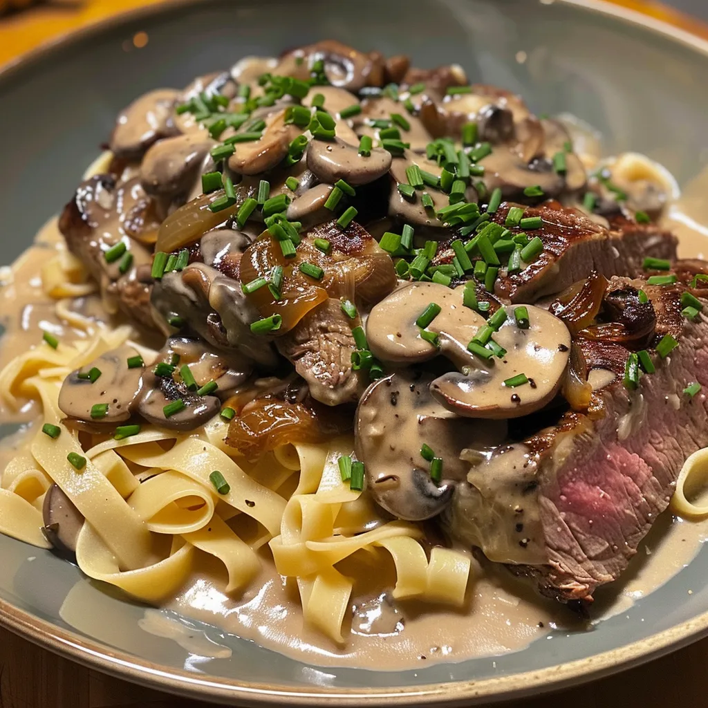 Rich beef stroganoff in a creamy sauce, served with egg noodles and fresh herbs.