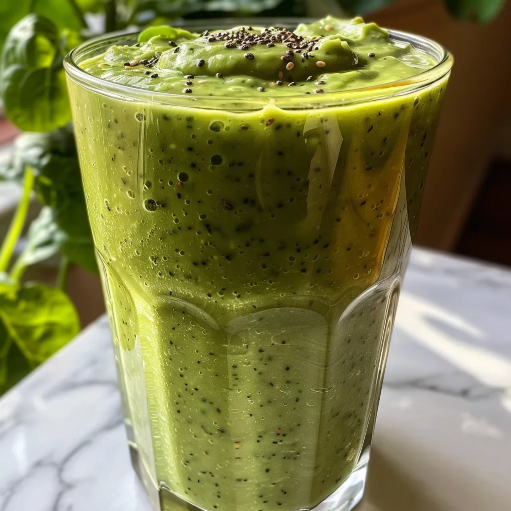 A fresh avocado smoothie displayed on a countertop, emphasizing its natural ingredients.