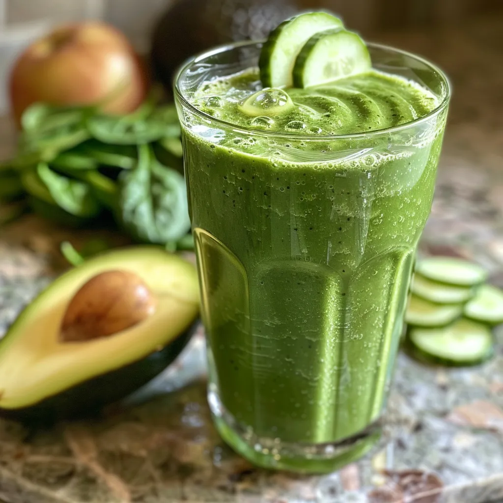 Refreshing green smoothie displayed with its ingredients beside it.