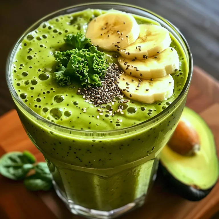 Elevate Your Mornings: The Ultimate Green Smoothie with Avocado Green smoothie with avocado, banana, and seeds displayed in a glass.