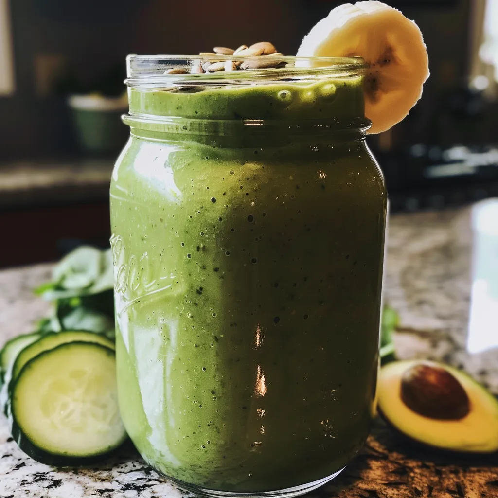 Refreshing avocado smoothie with greens and almond milk shown from the side.