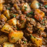 Side view of a hearty dish featuring ground beef and diced potatoes.