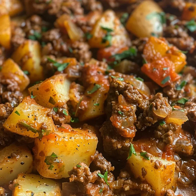 Side view of a hearty dish featuring ground beef and diced potatoes.