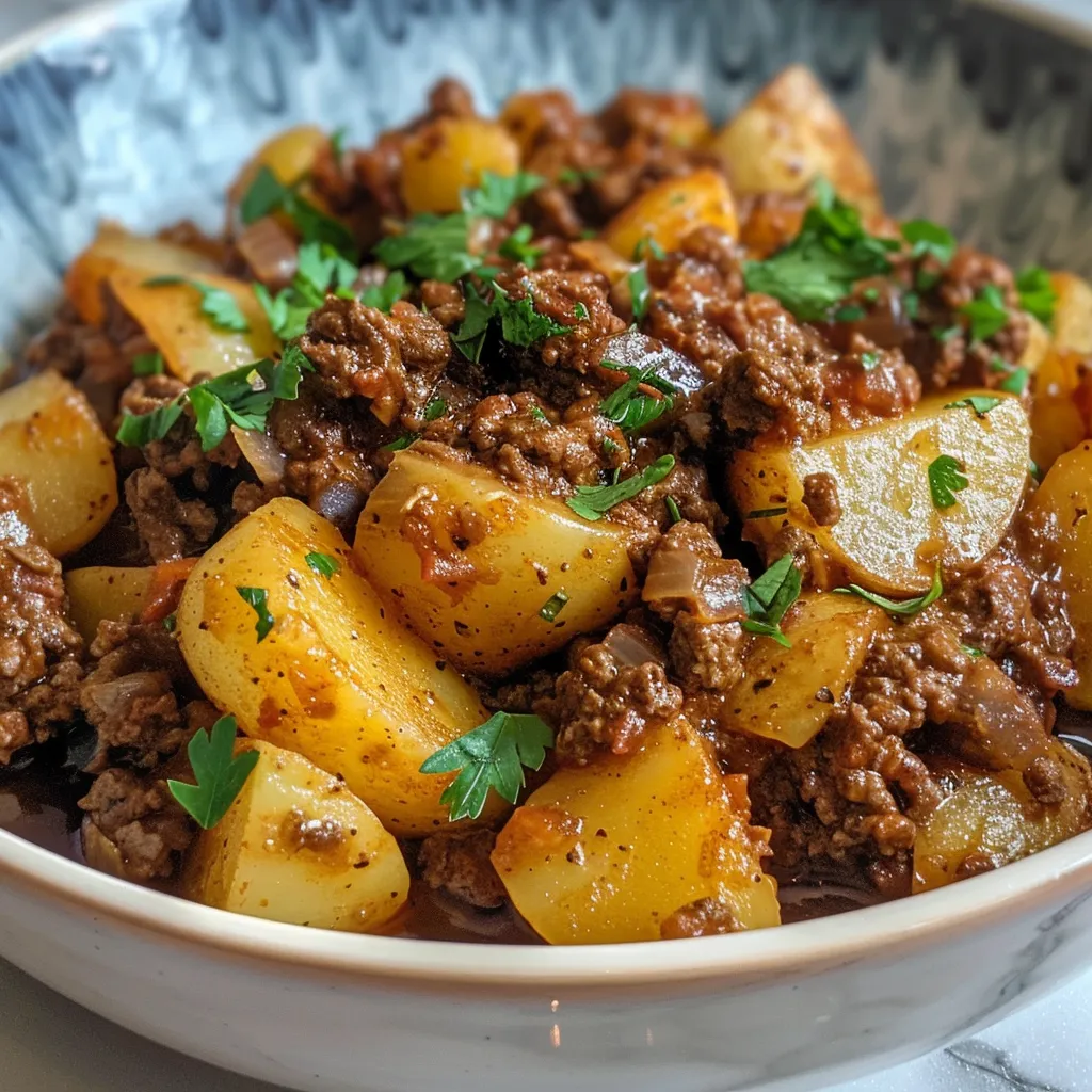Appetizing close-up of a ground beef and potato dish, with onions and spices visible.