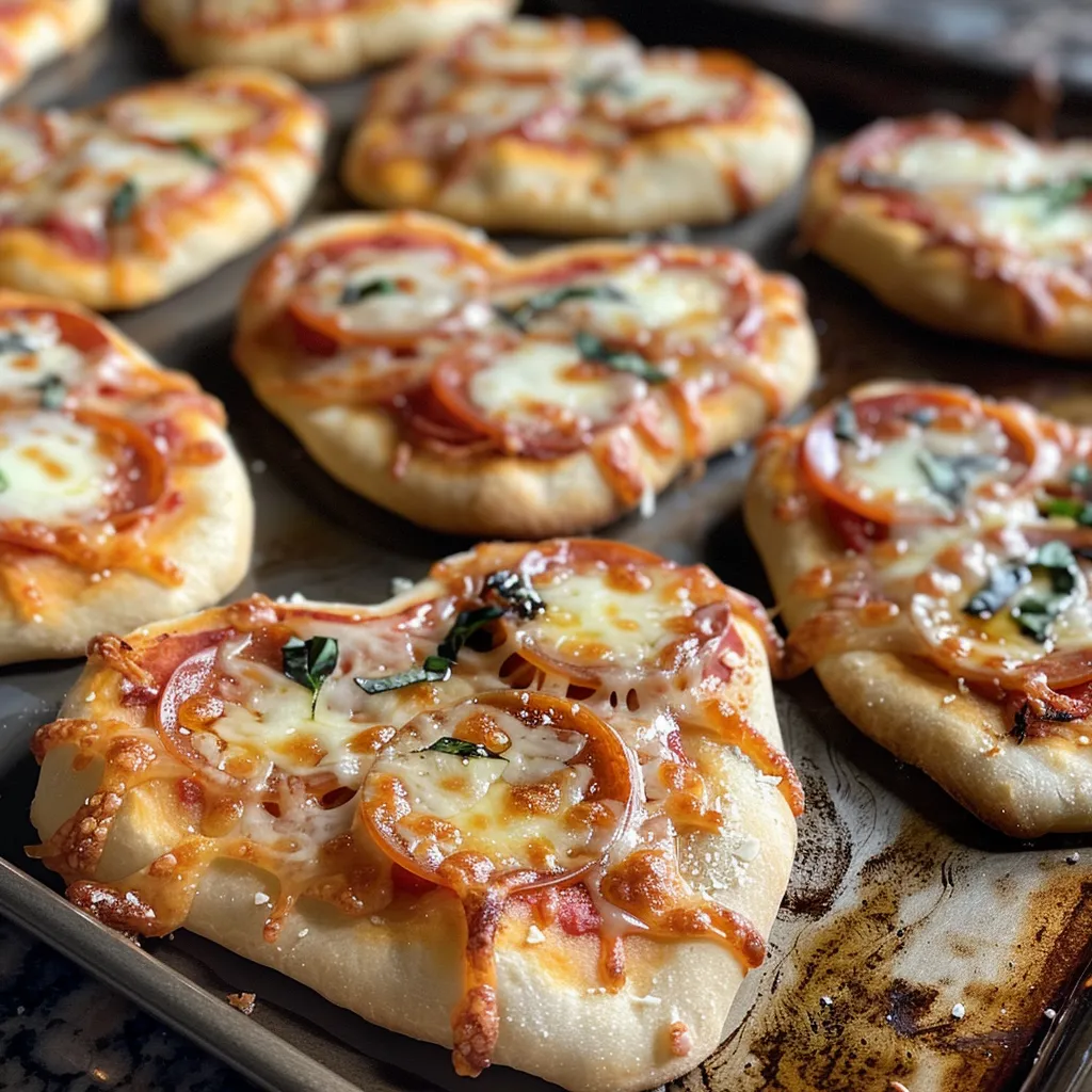 Appetizing heart-shaped mini pizzas ready to be served.