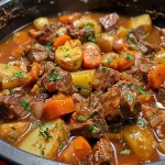 Side view of a delicious beef stew featuring carrots, potatoes, and onions in broth.