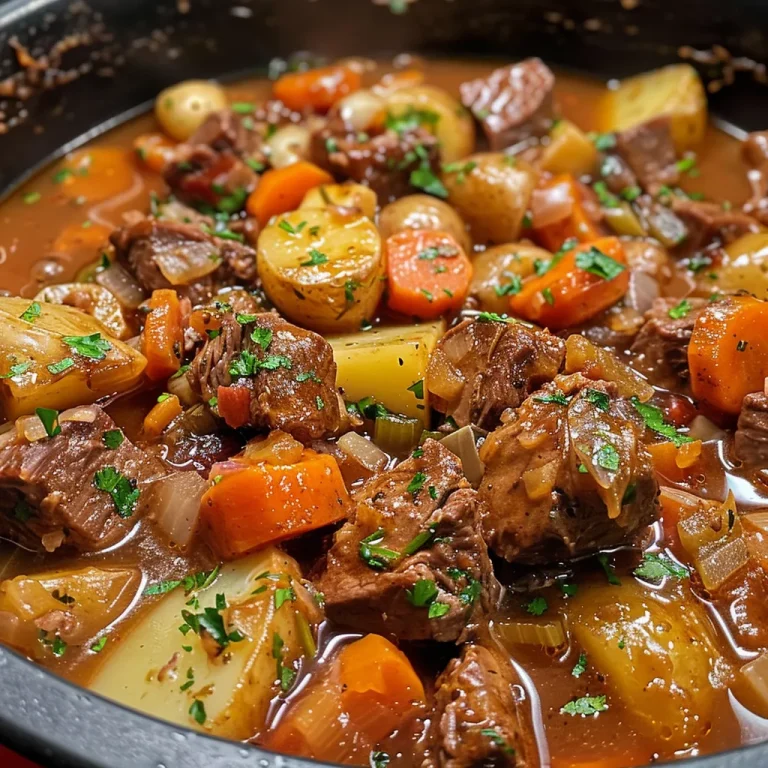 Side view of a delicious beef stew featuring carrots, potatoes, and onions in broth.