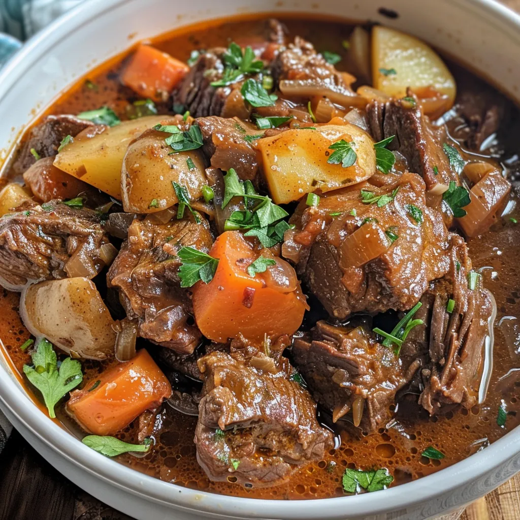 Close-up of beef stew with rich gravy, highlighting its savory ingredients and textures.