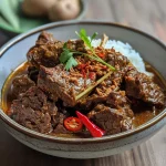 Juicy Indonesian Beef Rendang served on a plate with a vibrant sauce and spices visible.