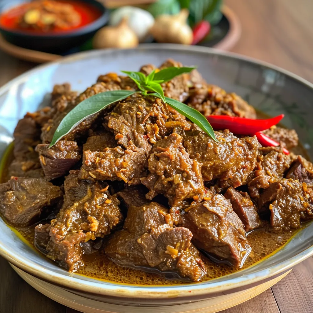 A mouthwatering dish of Beef Rendang, showcasing its glossy sauce and fresh ingredients.