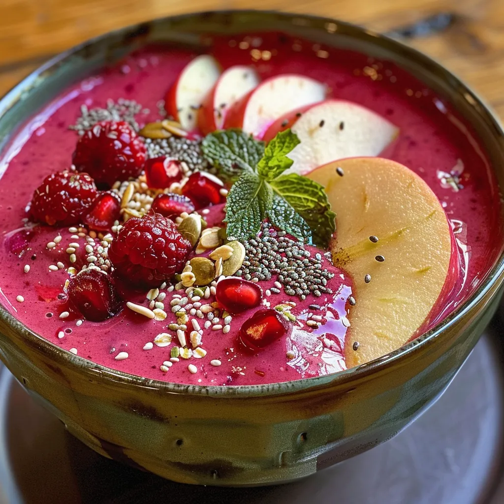 A visually appealing smoothie bowl showcasing fresh produce and healthy toppings, captured from a side angle.